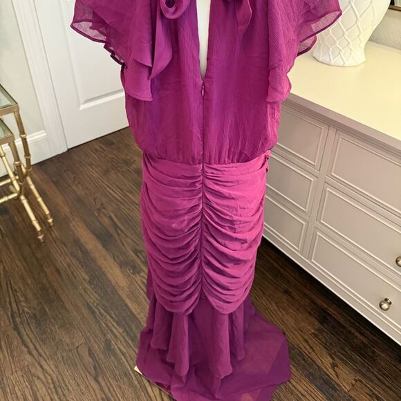 Mila Mae Plum Ruched Chiffon Maxi Dress Flutter Sleeves Lined Flowy Dress-EE9 - Picture 9 of 10